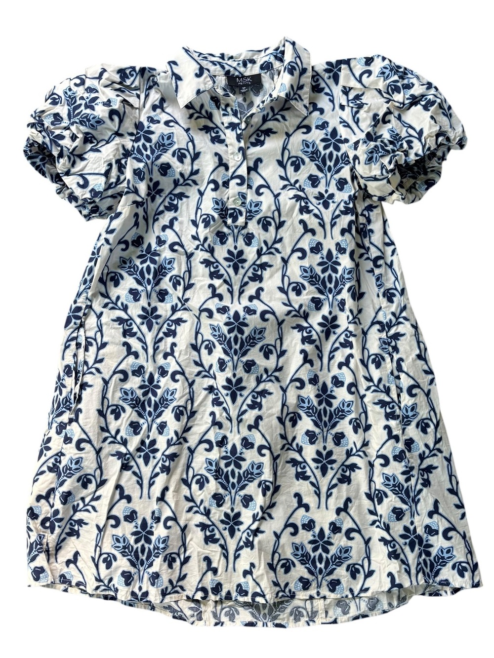 MSK White and Navy Floral Puff-Sleeve Mini Dress